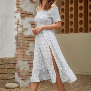 Short Sleeve Off-the-shoulder Split Hemline Midi Dress